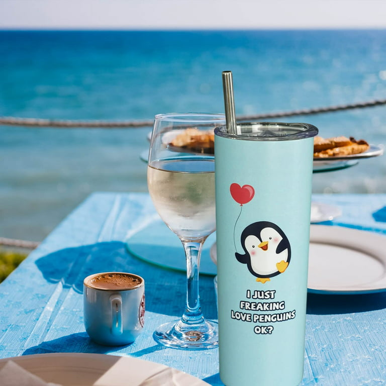 Penguin Gifts for Penguin Lovers Women Men- Cute Valentine Penguin Tumbler  Straw Cup Coffee Travel Mug - Blue Metal Thermal Insulated Tumblers 20 Oz  -Penguin Stuff Decor Accessories- Birthday Gifts 