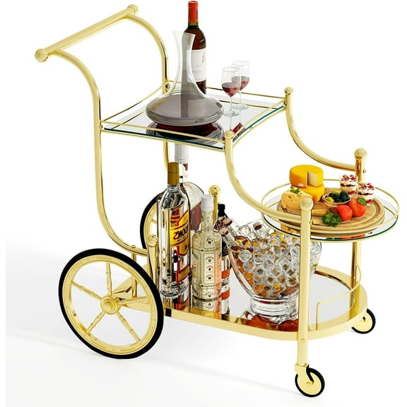 DORTALA Rolling Serving Cart, 3-Tier Metal Bar Cart with Tempered Glass, 4 Wheels Tea Serving Bar Cart for Livingroom, Kitchen, Gold
