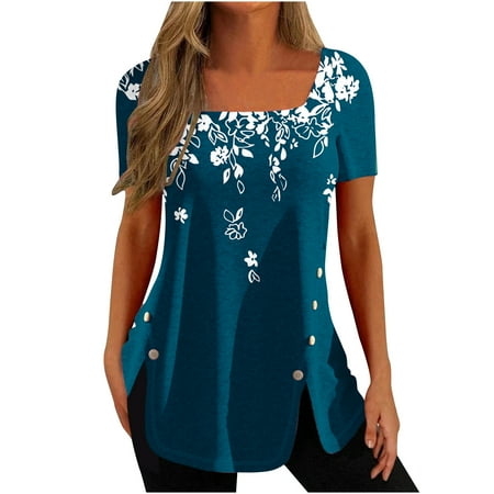 

Proclub Shirts Fashion Womens Casual Printed Square Neck Short Sleeve Buttons Tops Loose Blouses Round-Neck Button T-shirts Corset Tops for Women Blue S