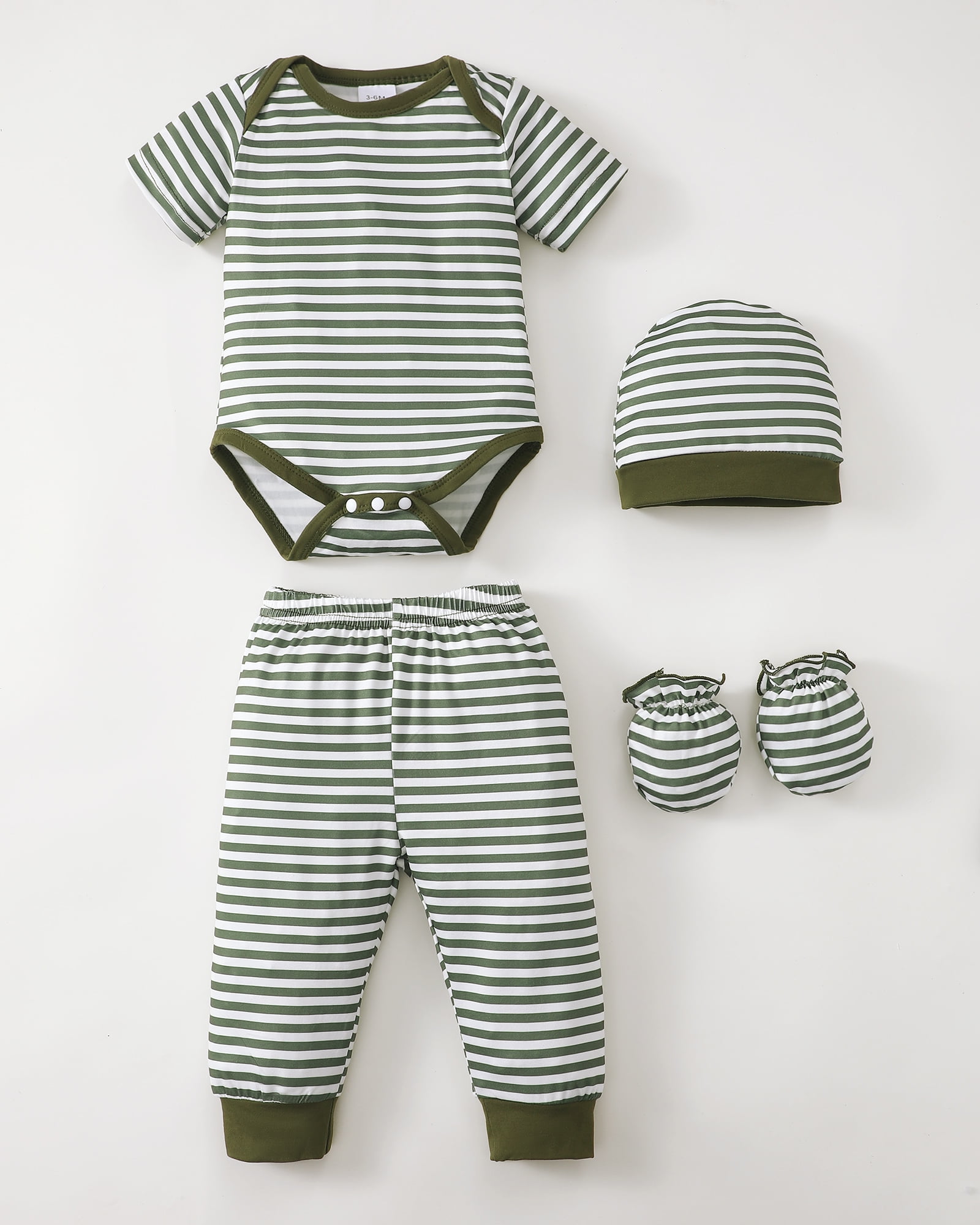 KIMI BEAR Newborn Baby Boys Layette Essentials Romper Pants Gift Sets 4 Packs Short Sleeves Dinosaur Print Bodysuit Tops Pants Set with Hats and Gloves 16pcs Outfits Green NB