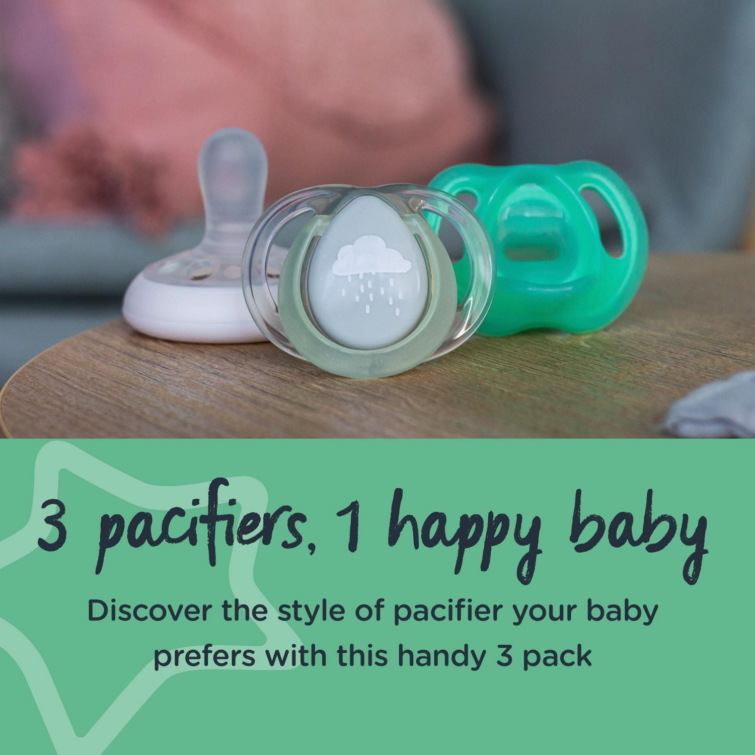 Tommee Tippee Pickapaci Mixed Pacifier 3 Pack, Breast-like, Ultralight and Night-Time Glow in the Dark, 0-6m, 3 Count