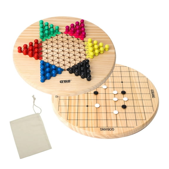 GSE Games & Sports Expert 2-in-1 Double-Sided Design Wooden Chinese Checker and Gobang Five-in-a-Row Classic Strategy Game, Family Board Game Combo Set with Wooden Pegs and Stones