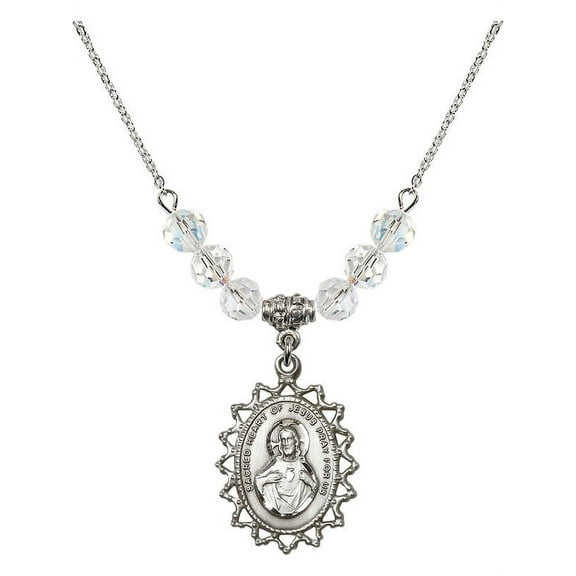 18-Inch Rhodium Plated Necklace with 6mm White April Birth Month Stone Beads and Scapular Charm
