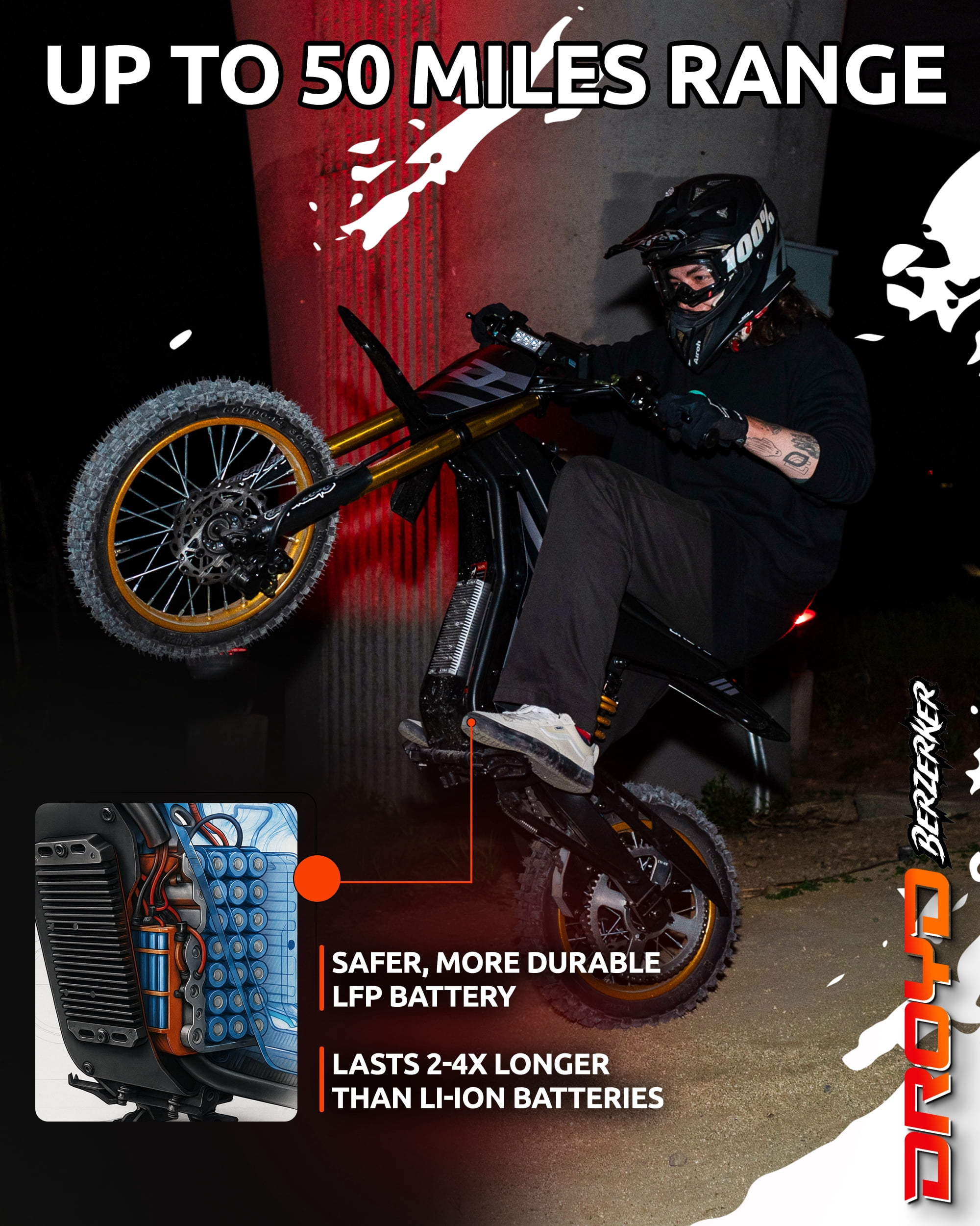 Droyd Berzerker Electric Dirt Bike for Kids 13+, Teens & Adults – 3000W Peak Motor, 48V 30Ah LFP Battery, 42 MPH Max Speed, 50 Mile Range, Hydraulic Brakes, Adjustable Suspension, Off-Road