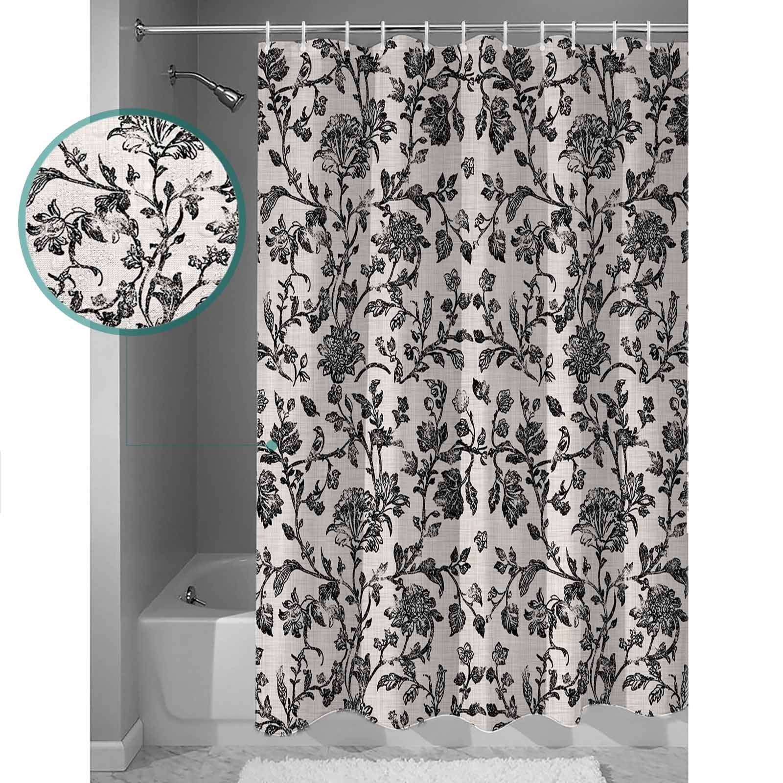Small Stall Shower Curtain 36x78 Inch Narrow Half Size Farmhouse Black Bath Curtains Bathroom Decor Vintage Flower Leaf Botanical Plant Waterproof Fabric Shower Curtain Set with Hooks 36 Inch