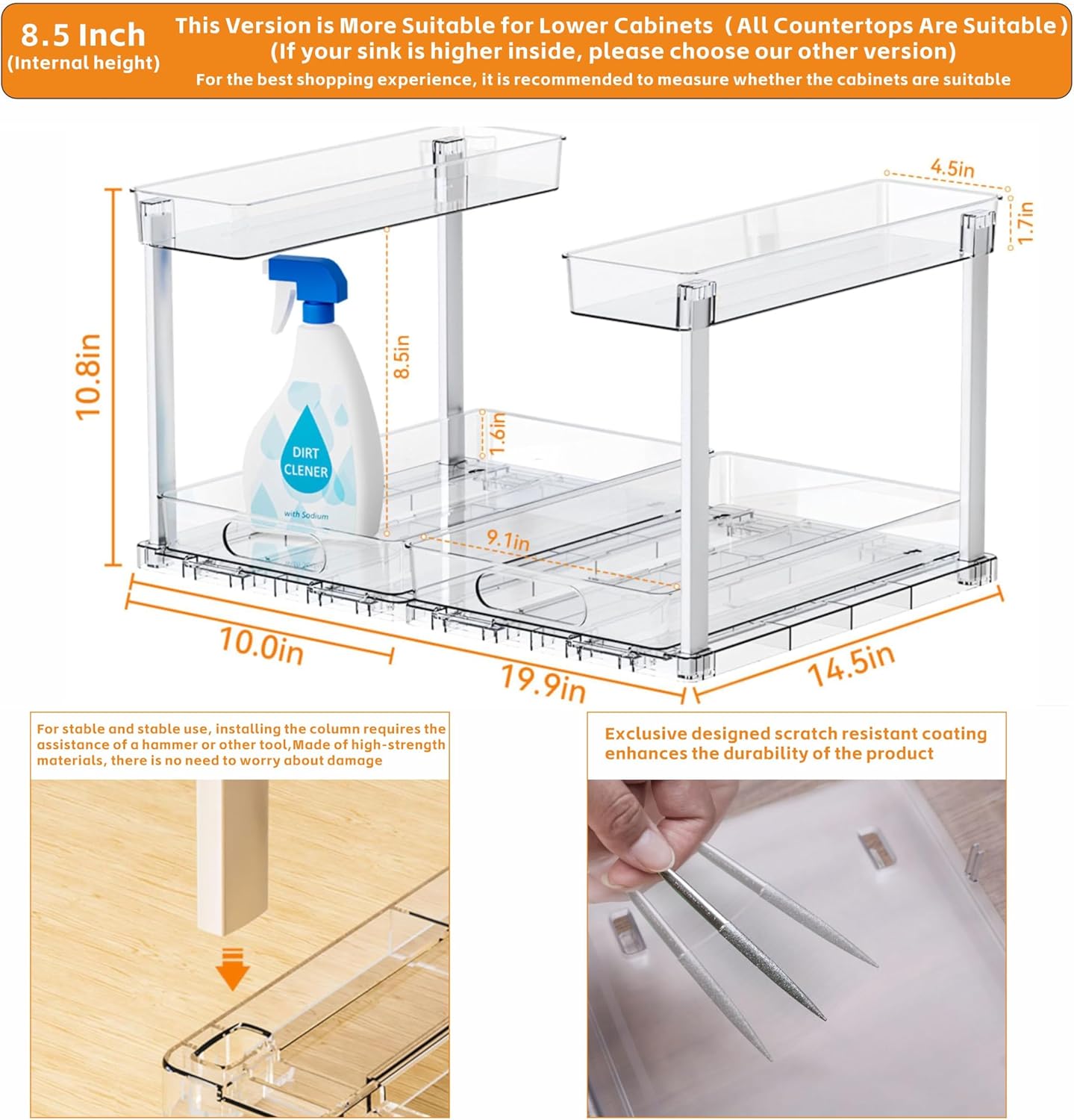RGHJAR-2 Pack 14.5″ Deep Pull Out Under Sink Organizer,10.8″ High 2 Tier Slide Out Cabinet Organizer for Kitchen Cabinet,Undersink Organizers,Under Sink Shelves,Bathroom Organizers and Storage,Clear