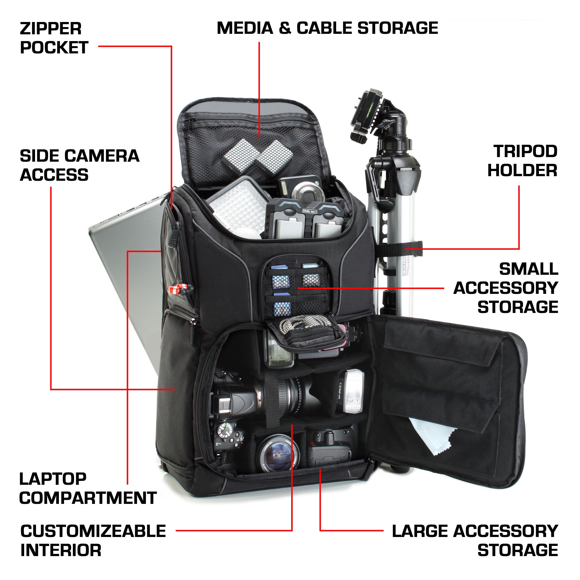 USA GEAR Digital SLR Camera Backpack Case w/15.6" Laptop Compartment featuring Padded Custom Dividers, Tripod Holder, Rain Cover. Long-Lasting Durability & Storage Pockets - Compatible w/Many DSLRs