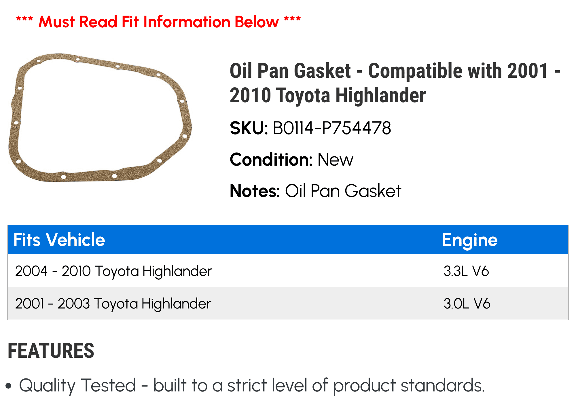 Oil Pan Gasket - Compatible with 2001 - 2010 Toyota Highlander 2002 2003 2004 2005 2006 2007 2008 2009