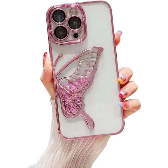Compatible for iPhone 14 Pro Max Case with Luxury Glitter Cute Butterfly Plating Design Aesthetic Women Teen Girls Phone Cases Camera Protection Shockproof Cover-Silver