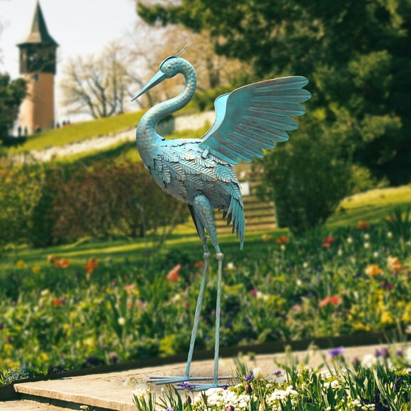 33 Inch Metal Crane Garden Statue, Outdoor Pool Yard Decor, Vintage Cyan Bird Sculpture, Freestanding Heron Art, 1PC