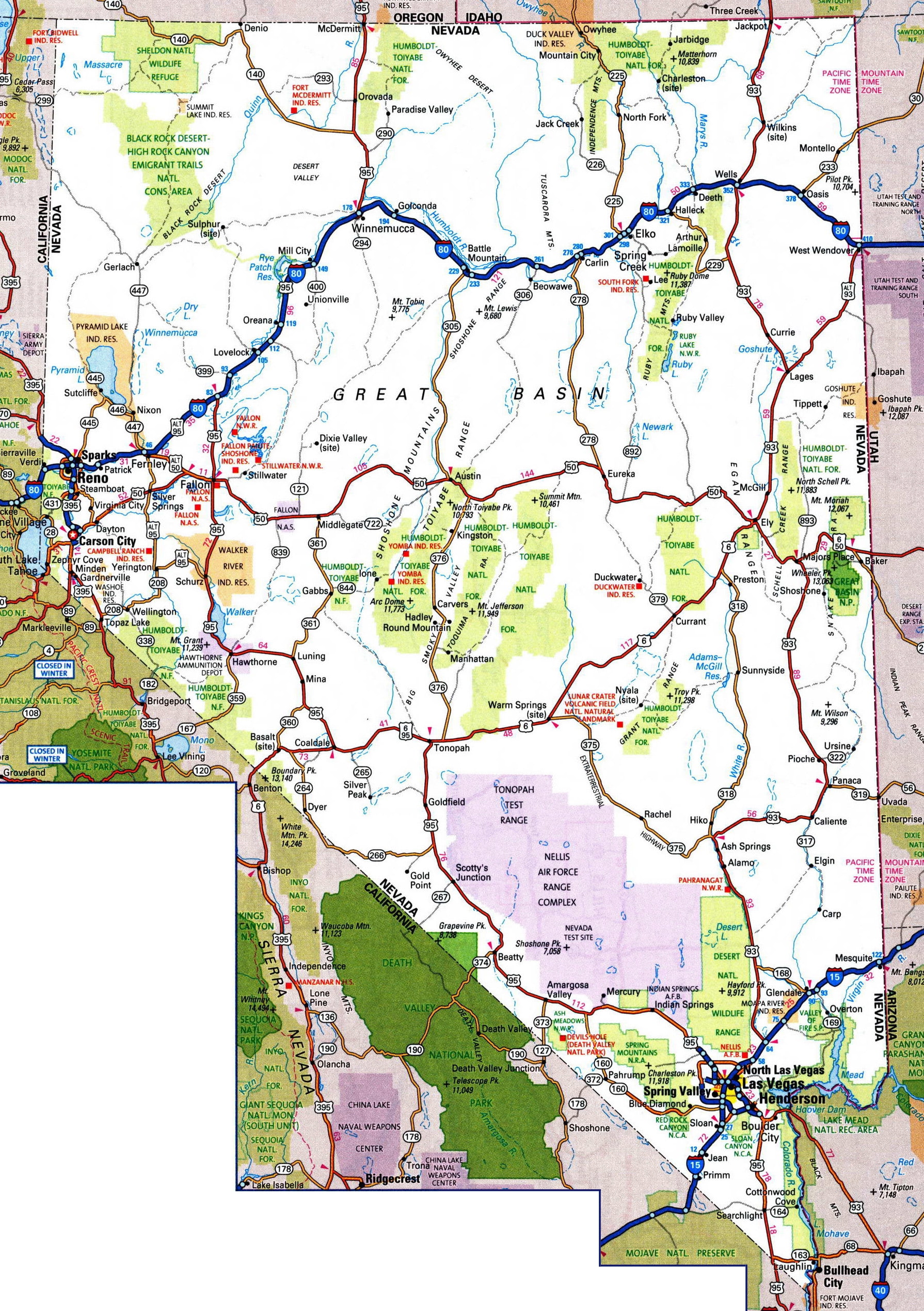 Laminated Map - Large detailed roads and highways map of Nevada state