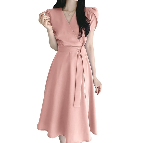 ZANZEA Polyester Short Sleeve V-Neck With Back Zipper Mid-Calf Length Dresses Womens