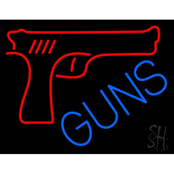 Red Guns Block LED Neon Sign 15 x 19 - inches, Black Square Cut Acrylic Backing, with Dimmer - Bright and Premium built indoor LED Neon Sign for Defence Force.