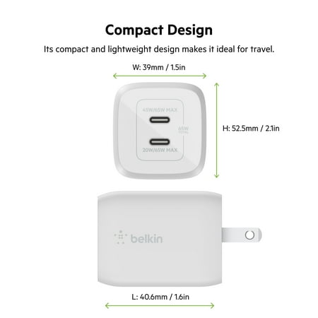 Belkin - 65W Dual USB-C Wall Charger, Fast Charging Power Delivery 3.0 with GaN Technology for Apple iPhone and Samsung - White