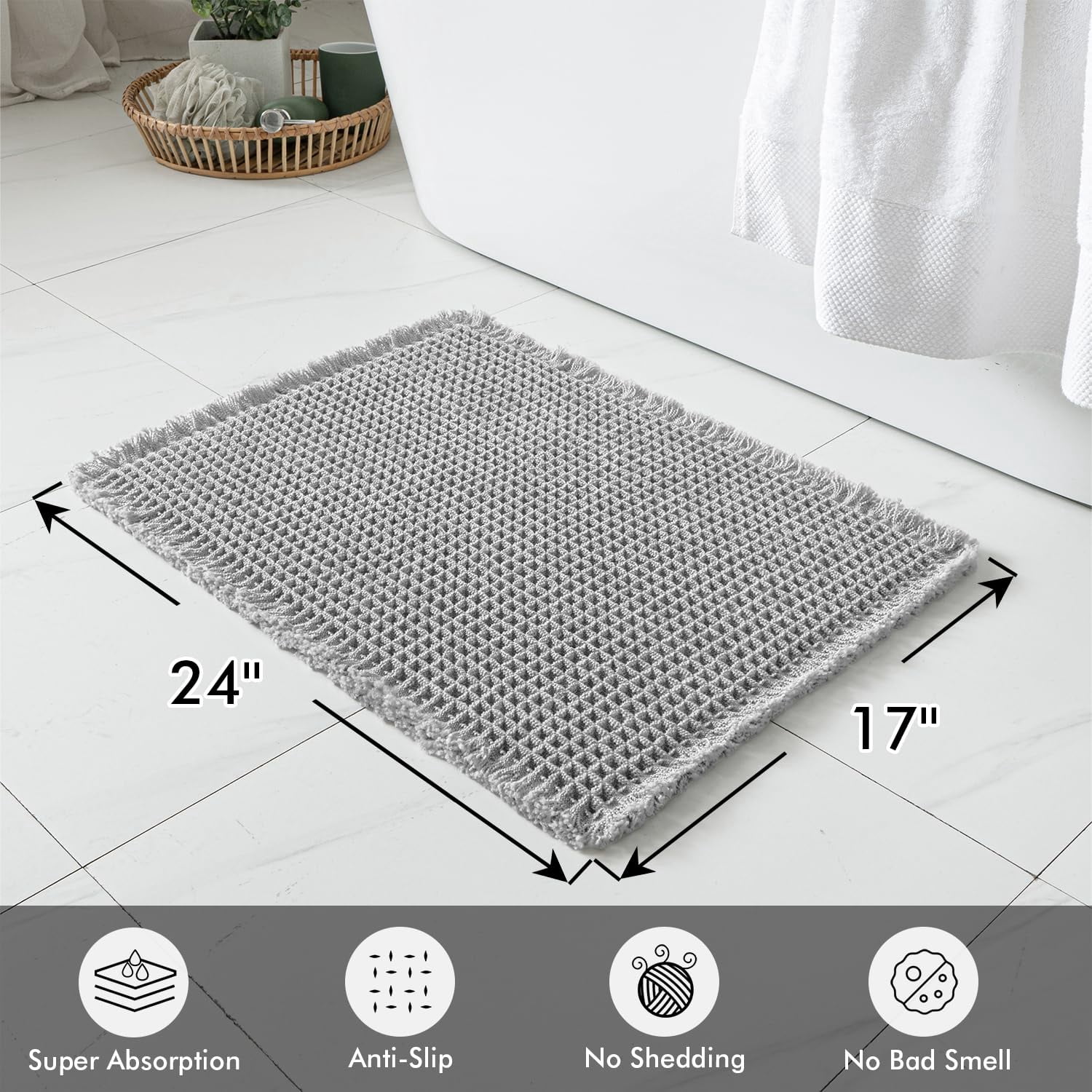 Set of 2 Waffle Bathroom Rugs, Boho Bath Rugs Non Slip Washable, Super Absorbent Bath Mats, Ultra Soft Rubber Backed Shower Mats for Bathroom Floor, Tub and Shower, Brown, 18x30 Inch