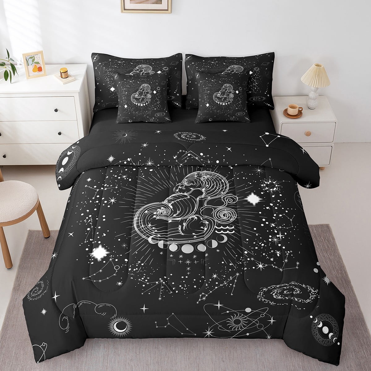 YST Ensemble de Literie Constellations, Galaxie Psychédélique, 7 Pcs, Noir et Blanc