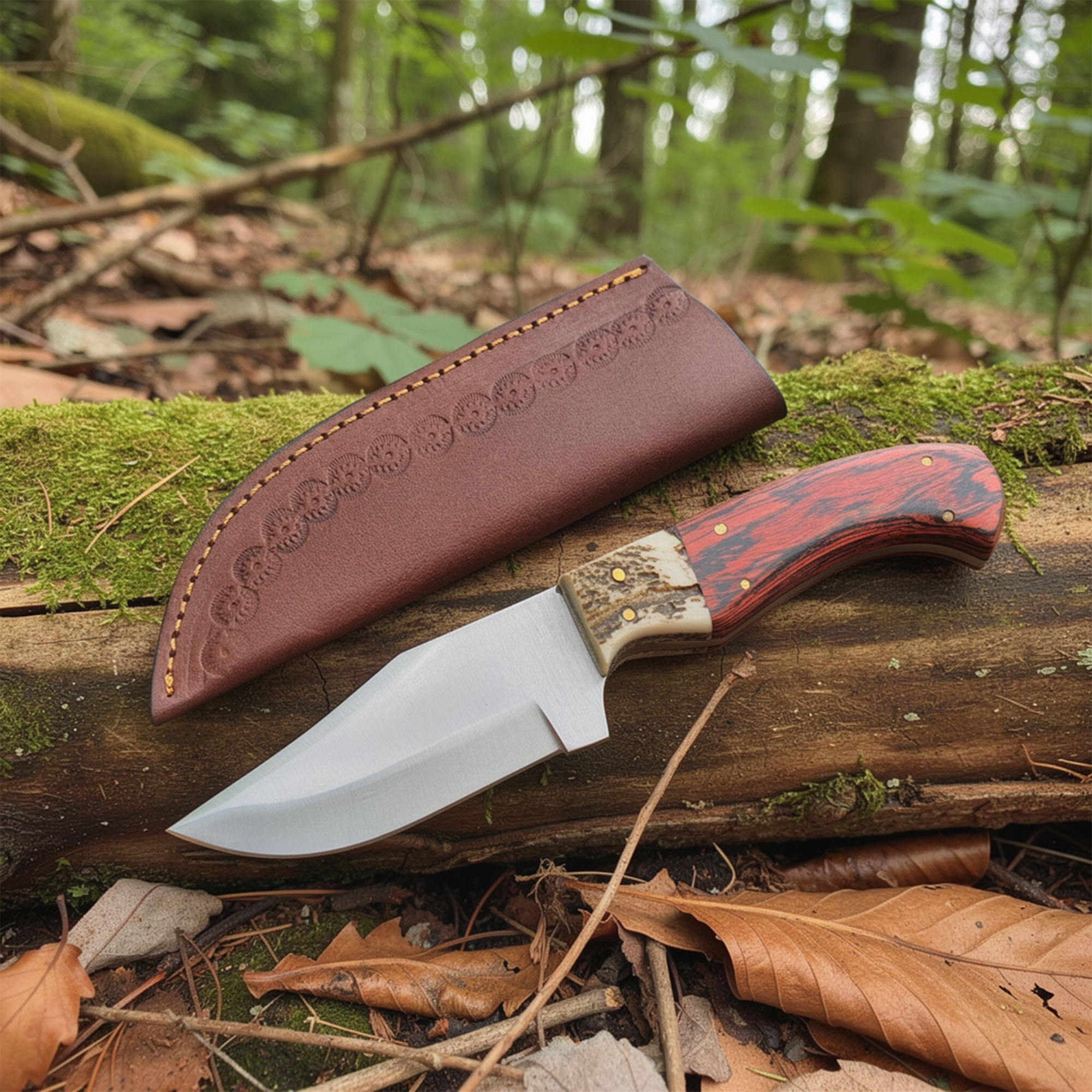 SZCO 9 Inch Fixed Blade Skinner Knife Stainless Steel Blade Wood Handle Brass Pins with Leather Sheath Outdoor Hunting Camping Utility Knife