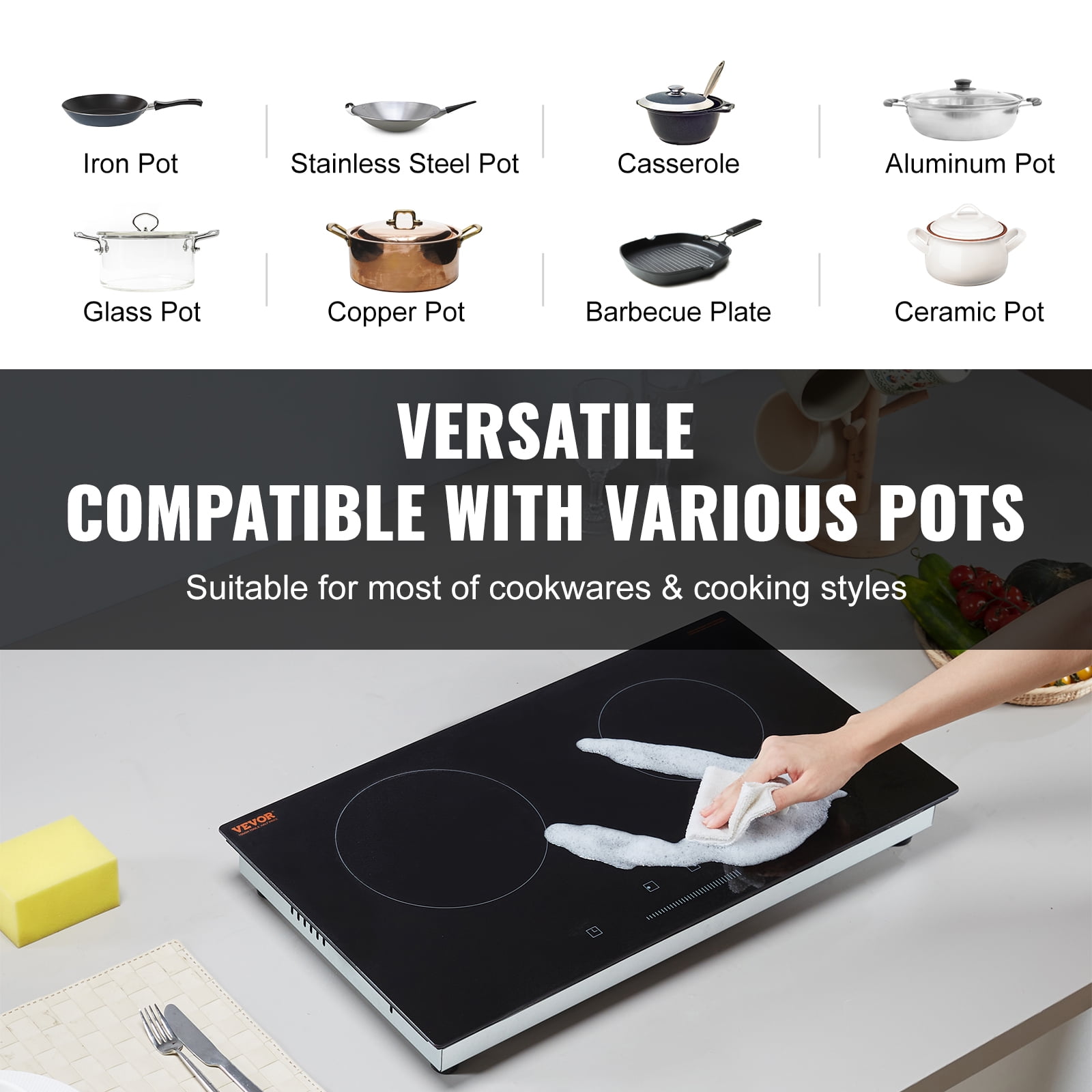 VEVOR Electric Cooktop, 24 inch 2 Burners Built-in Electric Stove Top, 1800W Ceramic Top Radiant Cooktop with Glass Panel, Touch Control,Timer, Child Lock, 9 Heat Level,Residual Heat Indicator,120V