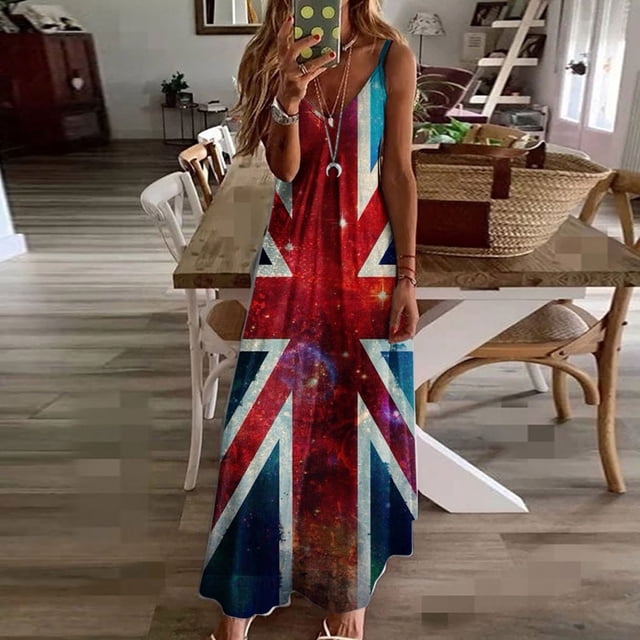 SMihono Robe Maxi Bohème d'Été pour Femmes Grande Taille Robe Longue Sans Manches Imprimée Jour de l'Indépendance Robe de Plage