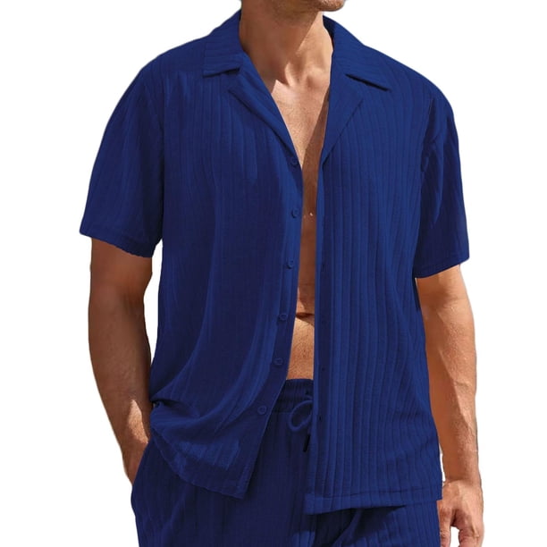 Mens Casual Manga Corta Botón Abajo Camisas de Moda Botón Sólido Turndown Cuello Blusas, Camisa Ligera Casual