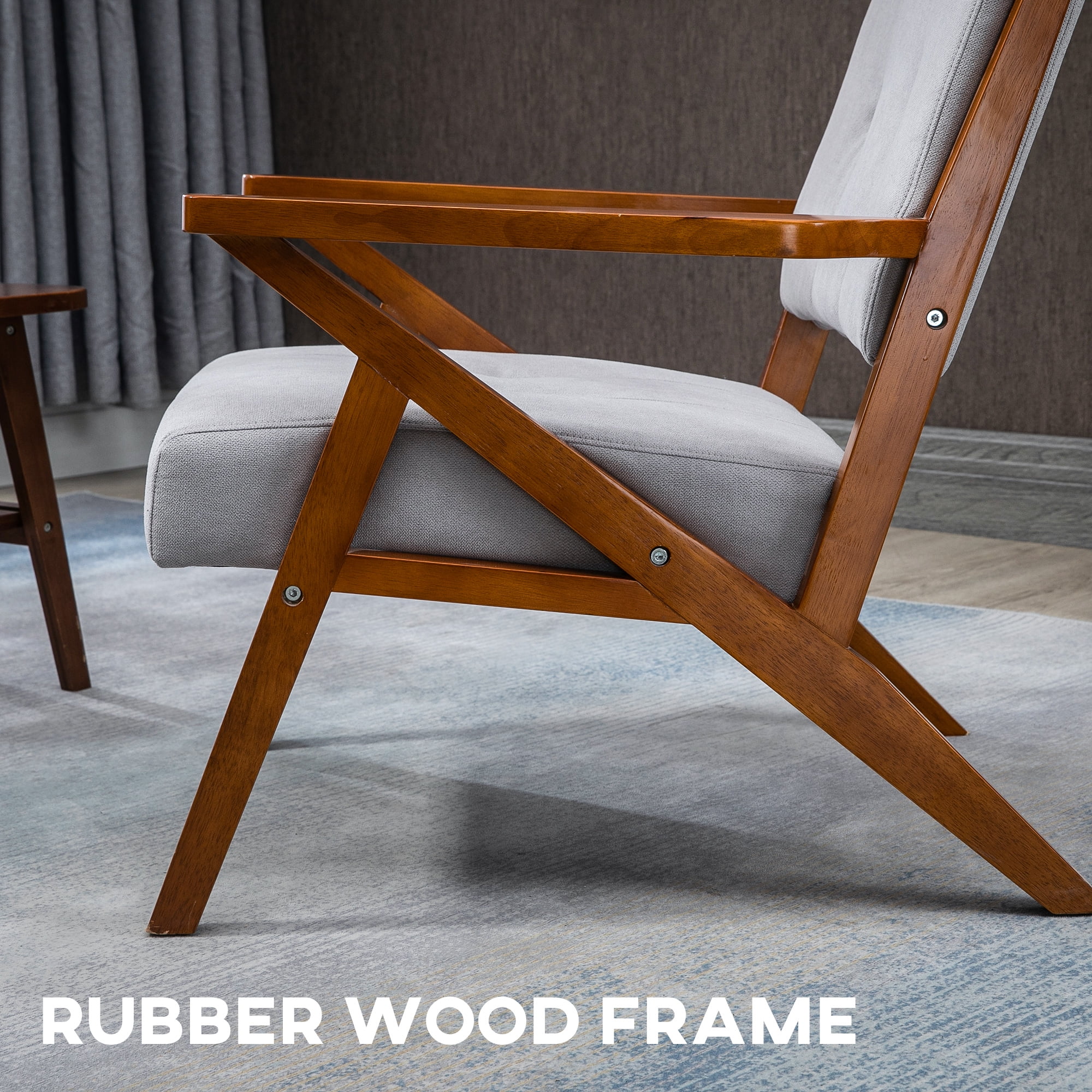 HOMCOM Accent Chairs with Seat and Back Cushion Upholstered Arm Chair for Bedroom Tufted Living Room Chair with Wood Legs Grey