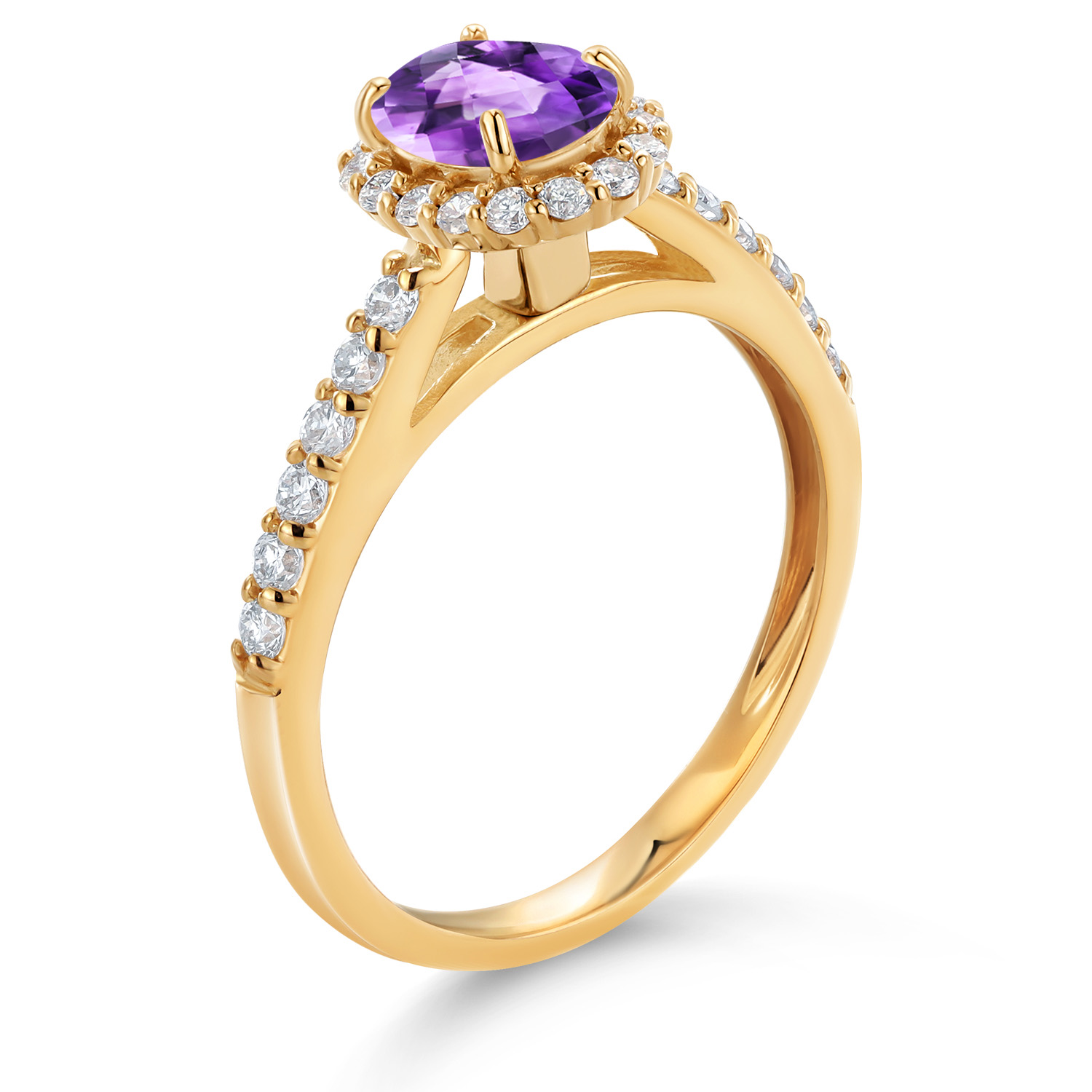 Gem Stone King 10K Yellow Gold Purple Amethyst and White Lab Grown Diamond Halo Engagement Ring for Women (1.06 Cttw, Gemstone February Birthstone, Oval Checkerboard 7X5MM)