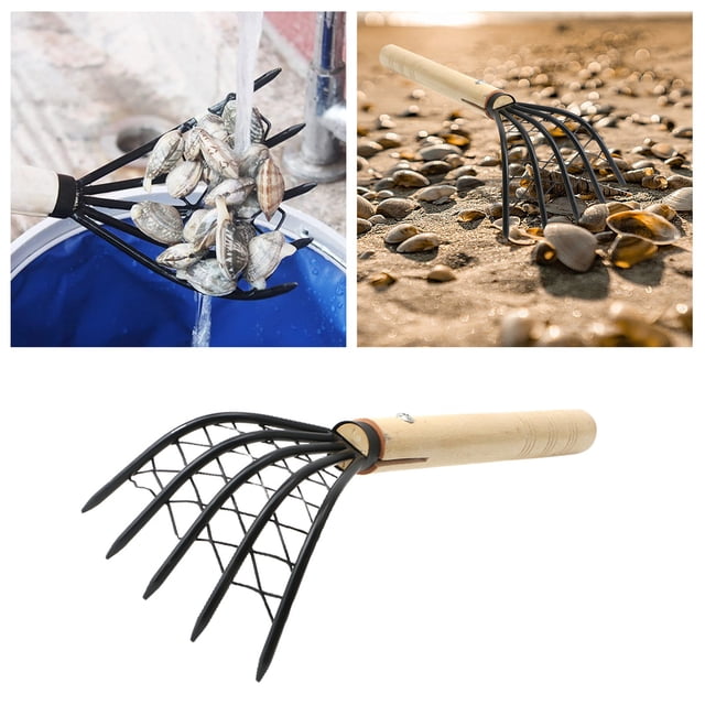BKER Rake With Mesh Mesh 15 Inch Japanese Hand Rake 5 Teeth Steel Clam Long Handle Clam Excavator With Flat Cowhine Rope For Digging Seafood Accessories Light Strong Compact