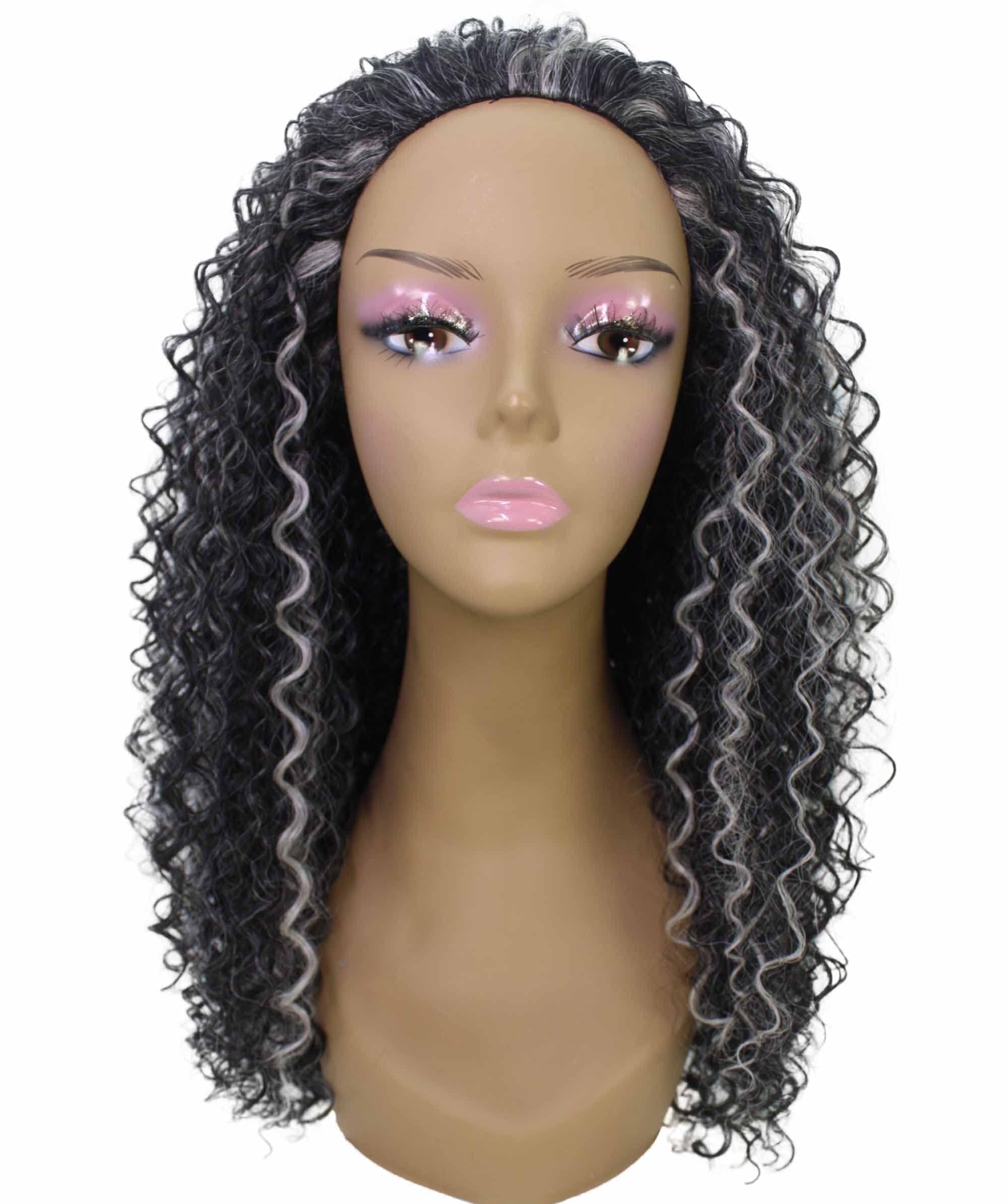 LUXLUXE Isadora Curly Body Waves 22.5 in Long Half Wig Half Cap Wig, Mix Human Hair and Synthetic Fibers, Dark Charcoal Gray Color