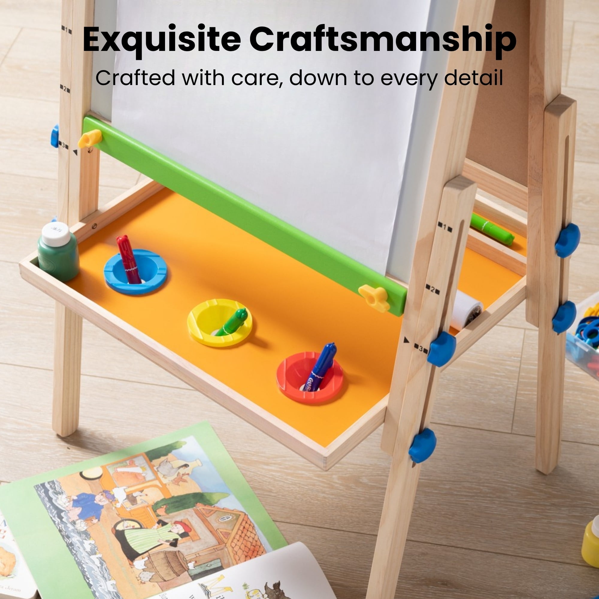 Tiny Land Kids Art Easel with Paper Rolls, Chalkboard & Magnetic Whiteboard for Ages 3-8