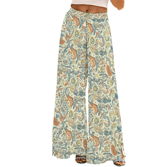YUANGUANST Women's Wide Leg Pants Womens Wide Leg Palazzo Pants Boho Floral 2025 Summer Beach Culottes Flowy Casual Trousers For Vacation Business Work Casual Pants