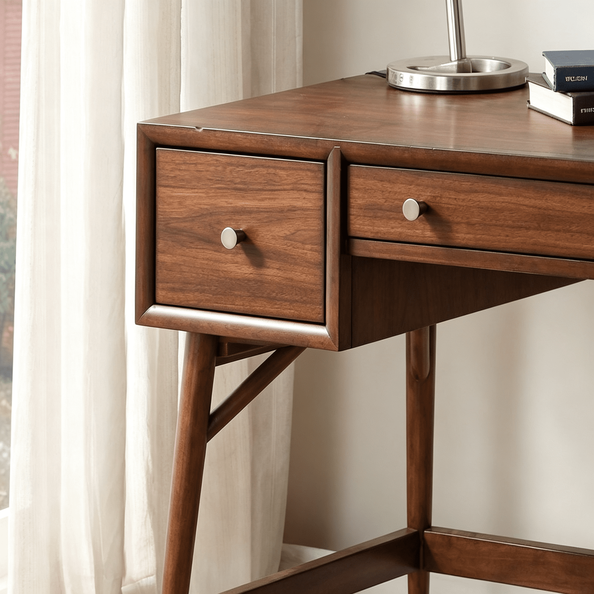 Asteroutdoor Brown Writing Desk with Drawers, Walnut Veneer, Mid-Century Style