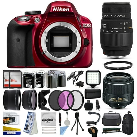 Nikon D3300 Red DSLR Digital Camera + 18-55mm VR II + Sigma 70-300mm Lens + 128GB Memory + (2) Batteries + Charger + LED Video Light + Backpack + Case + Filters + Auxiliary Lenses