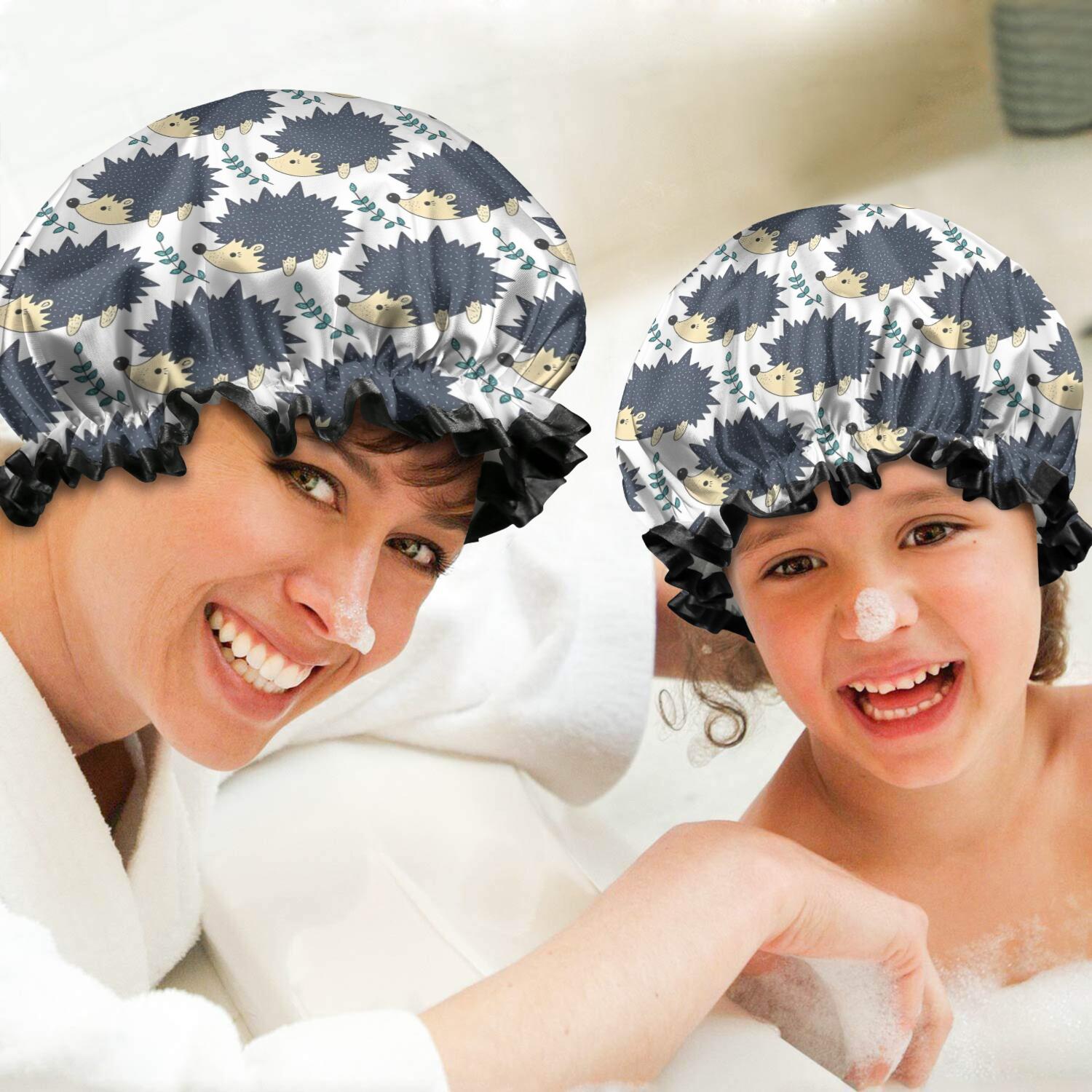 Shower Caps,Black Cute Hedgehog Pattern Waterproof Shower Cap for Women 4 Pieces,Double Reusable Hair Cover for Shower PEVA Elastic Stretch Hem