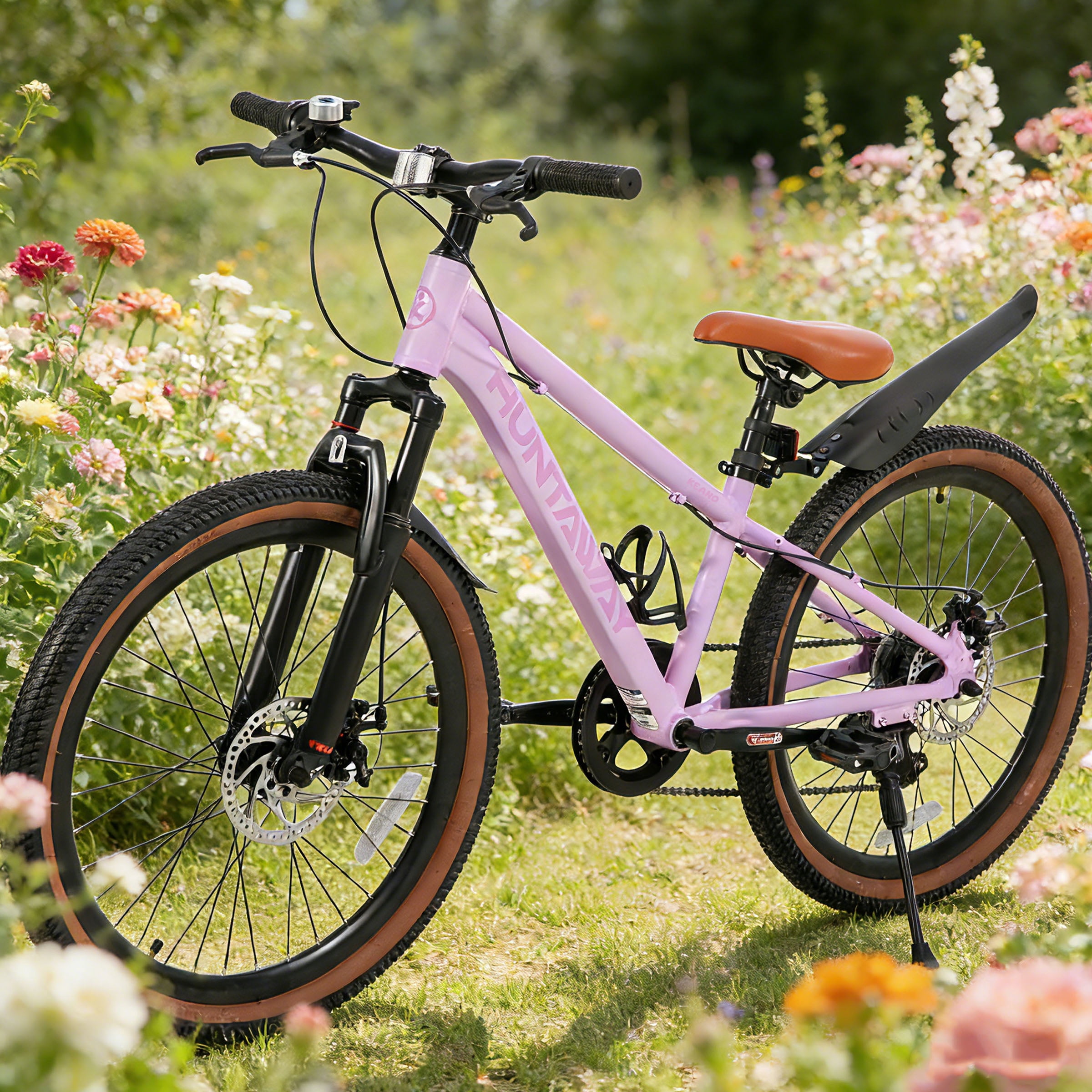 KEANO Huntaway 24 Inch Kids Mountain Bike for Boys Girls Ages 8-12, 7-Speed Kid Bicycle with Lightweight Alloy Frame, Dual Disc Brakes, Pink