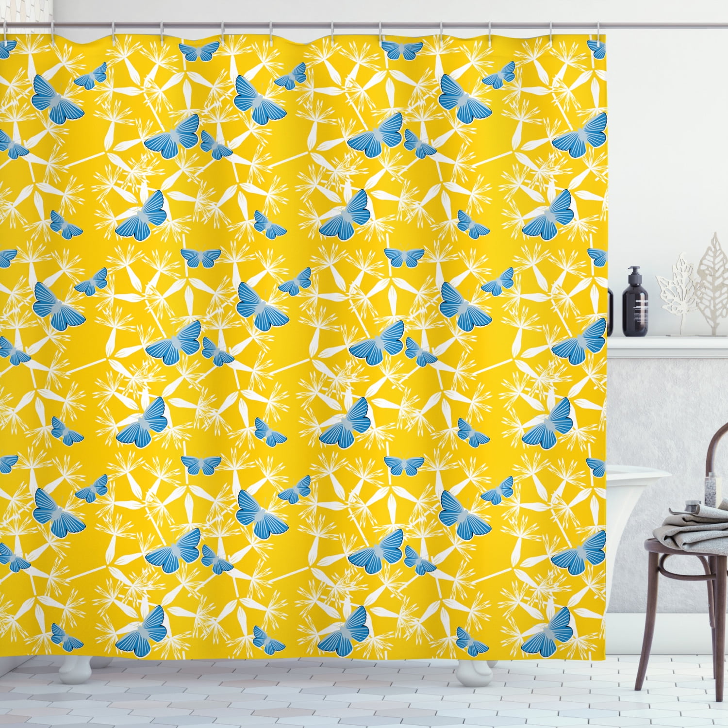 Yellow and Blue Shower Curtain, Butterflies with Tropical Flower ...
