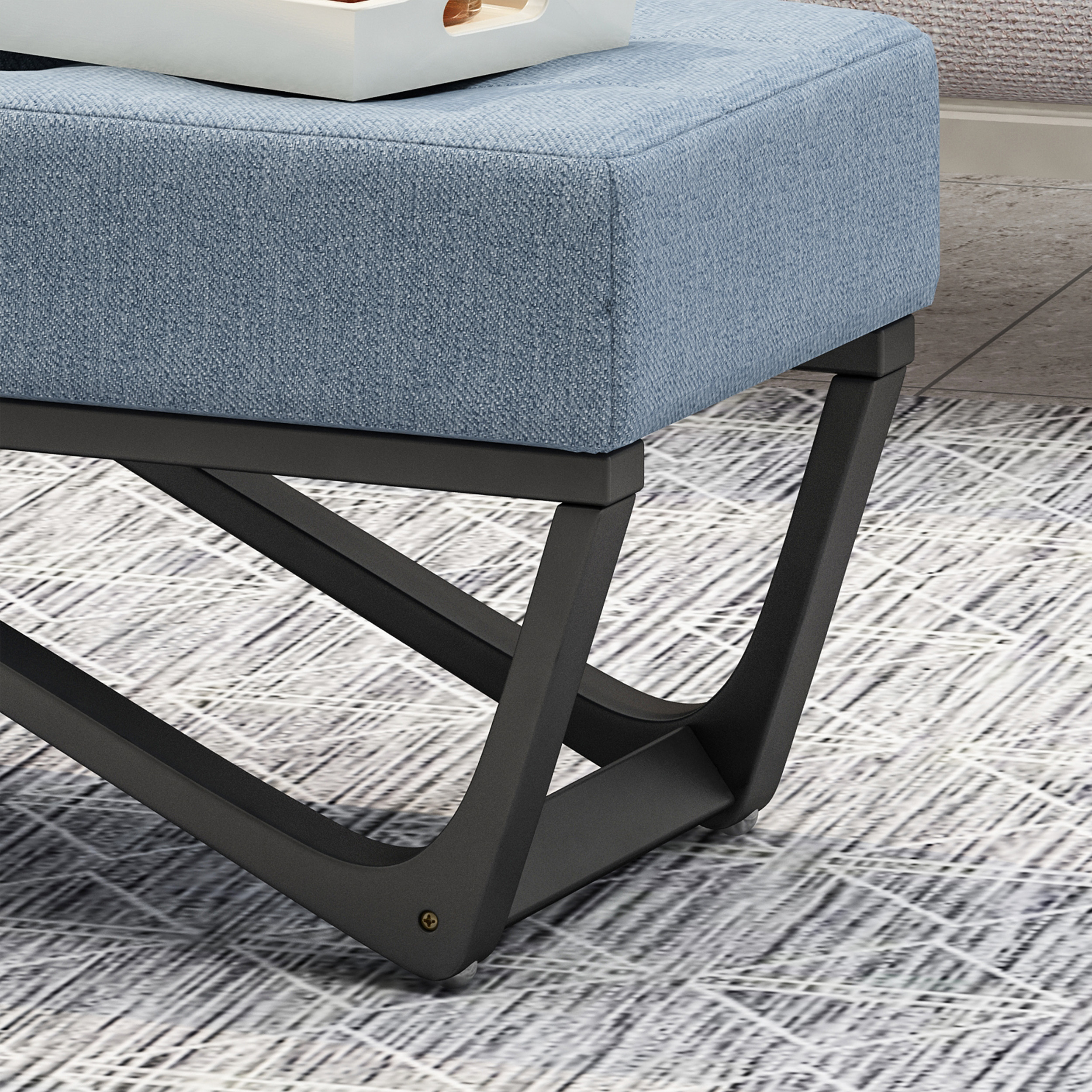 Noble House Dimitri Contemporary Fabric Ottoman Bench, Light Blue and Black