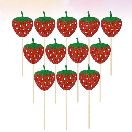 STOBOK Strawberry Cloth Cake Toppers with Bamboo Sticks for Decoration Assorted Color 12 Pieces
