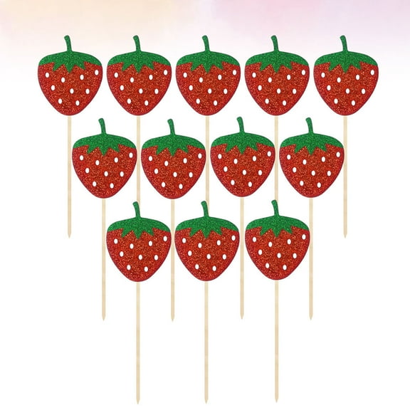 STOBOK Strawberry Cloth Cake Toppers with Bamboo Sticks for Decoration Assorted Color 12 Pieces