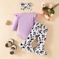 thumbnail image 4 of Baby Girl Fall Winter Newborn Going Home Outfit 0 3 6 9 12 18 Months Infant Baby Girls Cow Print Romper Tops and Long Bow Flared Trousers Headband Clothing Sets, 4 of 5