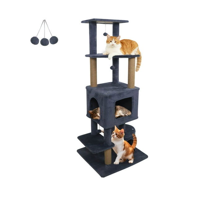 Costway 64" Tall Cat Tree with 2 Large Condos, Jute Scratching Posts, Plush Top Perch Dark Gray