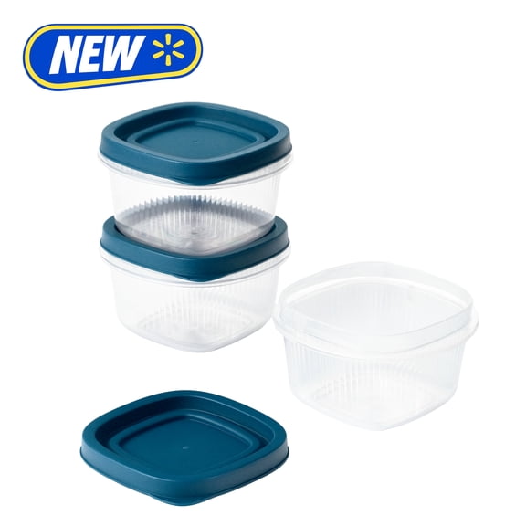 Mainstays Reusable Food Storage Container, Small Square, Plastic, 3-Pack, 3 Containers with Lids, 2 Cups, Ideal for Snacks and Fresh Ingredients