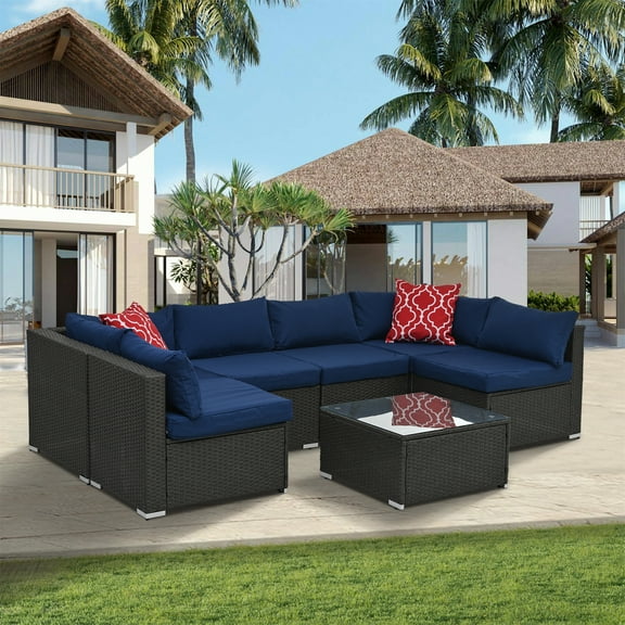 Highsound 7 Pieces Outdoor Patio Sofa Set, All Weather UV-Resistant PE Rattan Sectional Conversation Sofa Set with Coffee Table/Cushions/Pillows, Blue