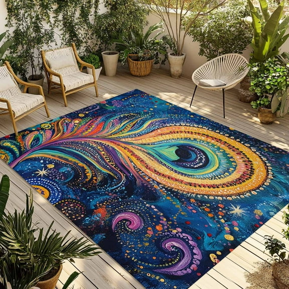 Fsddascl Peacock Feather Eye Outdoor Rug for Patio/Deck/Porch, Non-Slip Large Area Rug 4 x 6 Ft, Abstract Colorful Indoor Outdoor Rugs Washable Area Rugs, Reversible Camping Rug Carpet Runner
