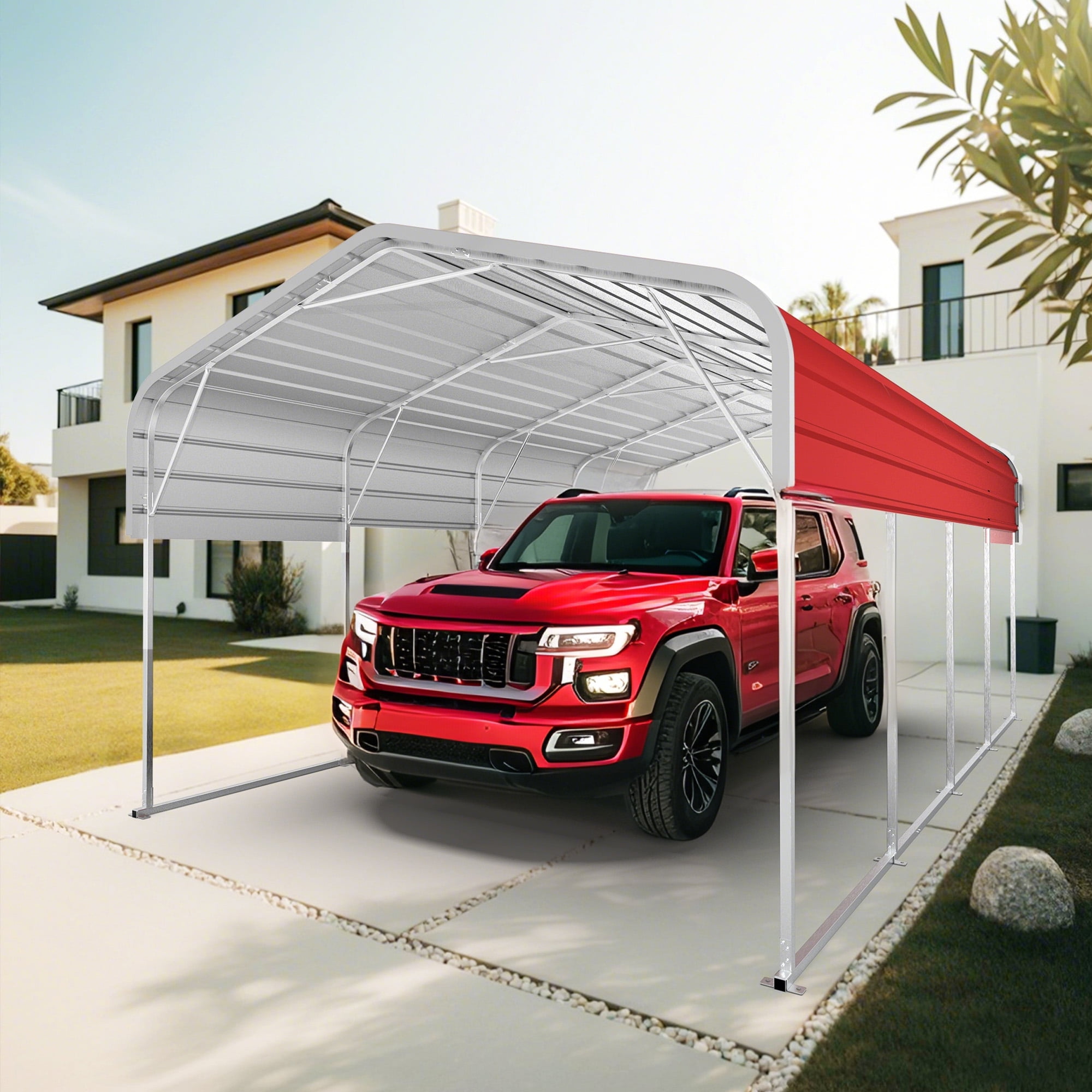 12x20FT Reinforced Metal Carport, Heavy Duty Steel Structure with Support Beams, Spacious Car Shelter for Boats/Tractors, All-Weather Use, Red