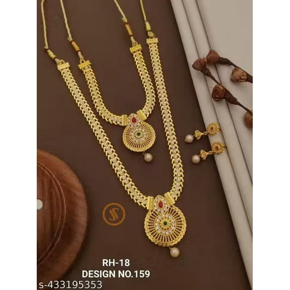 Indian Women Antique Gold-Plated Kundan Jewellery Necklace Set with Dual Layer Necklace & Earrings Set
