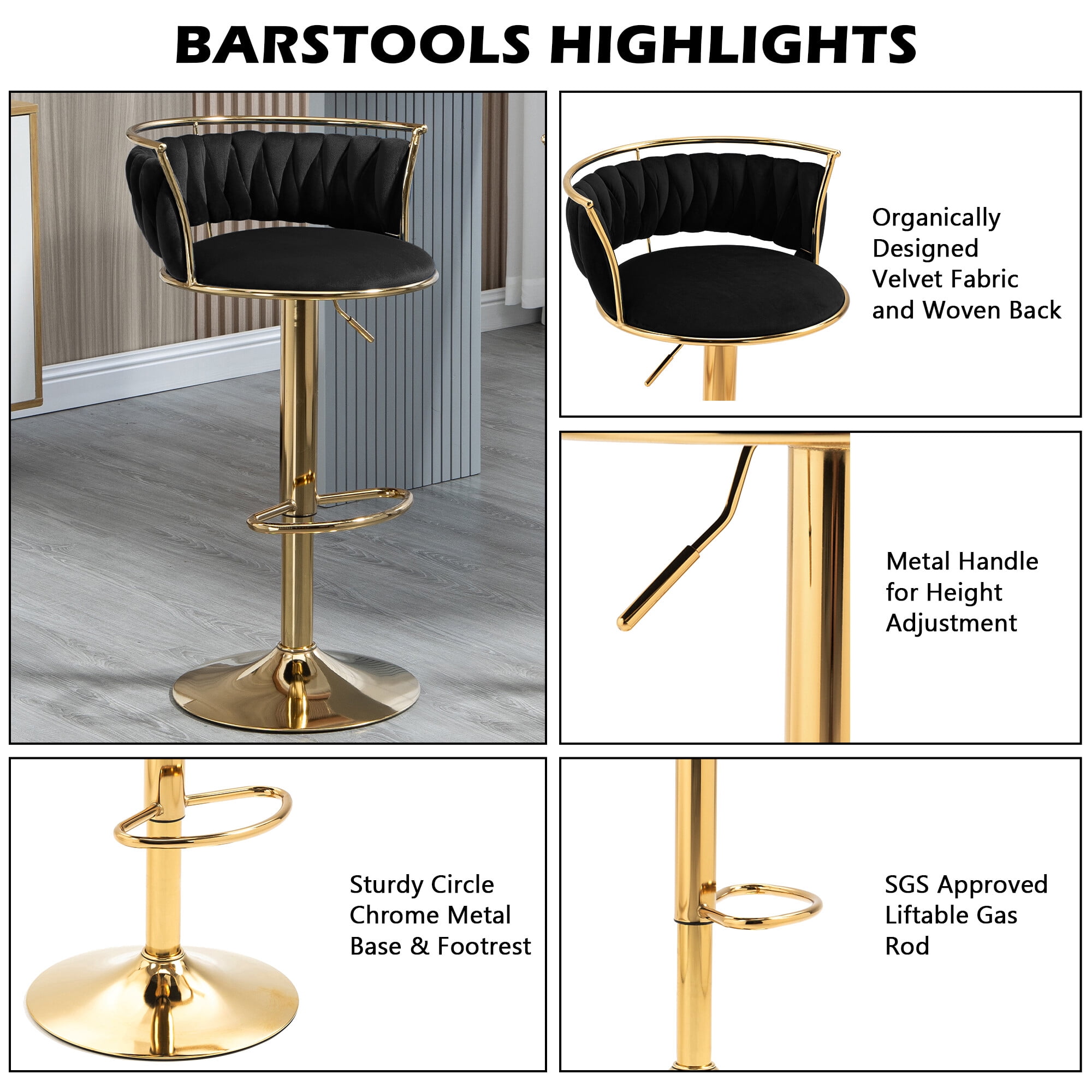 DREAMSIDEA Swivel Bar Stools Set of 4 Modern Velvet Upholstered High Back Adjustable Bar Chairs with Golden Footrest for Kitchen Counter Square Island, Black
