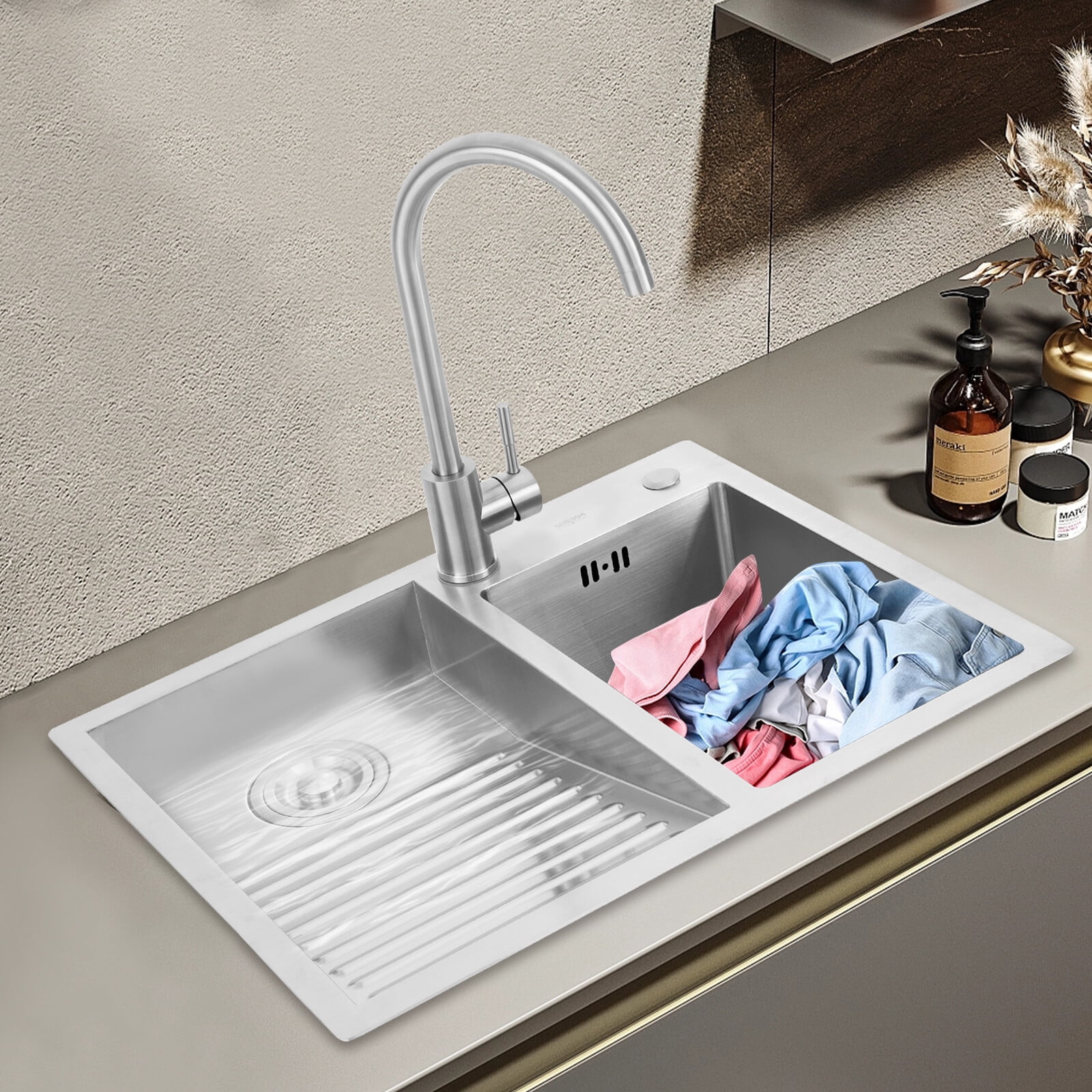 304 Stainless Steel Laundry Sink with Washboard, 2-in-1 Utility Sink for Laundry Room, Dual Basin Workstation with Deep Basin & Tilted Scrubbing Board, Anti-Condensation Coating, Easy To Clean