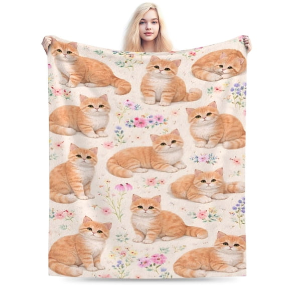 Ginger Cat Floral Throw Blanket, Soft Flannel Fleece Decorative Blanket with Kitten Pattern, Cozy Animal Print Blanket for Sofa Couch Bed 50x40