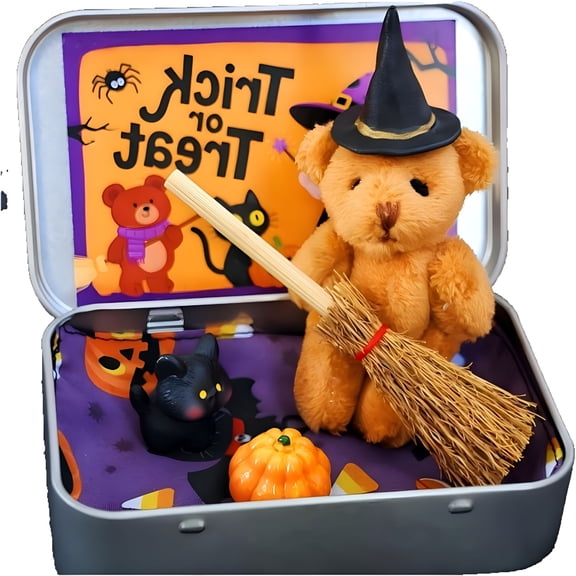 BESTSKY Halloween Bear in A Box Plush Toy, Mini Jack in the Box with Pumpkin, Festive Home Decor for Kids Nursery