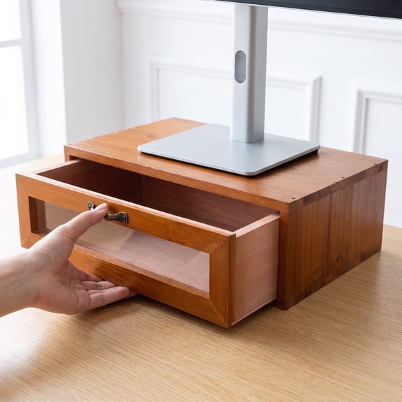 DEEPCRAFF Wooden and Iron Desktop Monitor Riser Stand with Storage Drawer for Office, Makeup, and Desk Organization